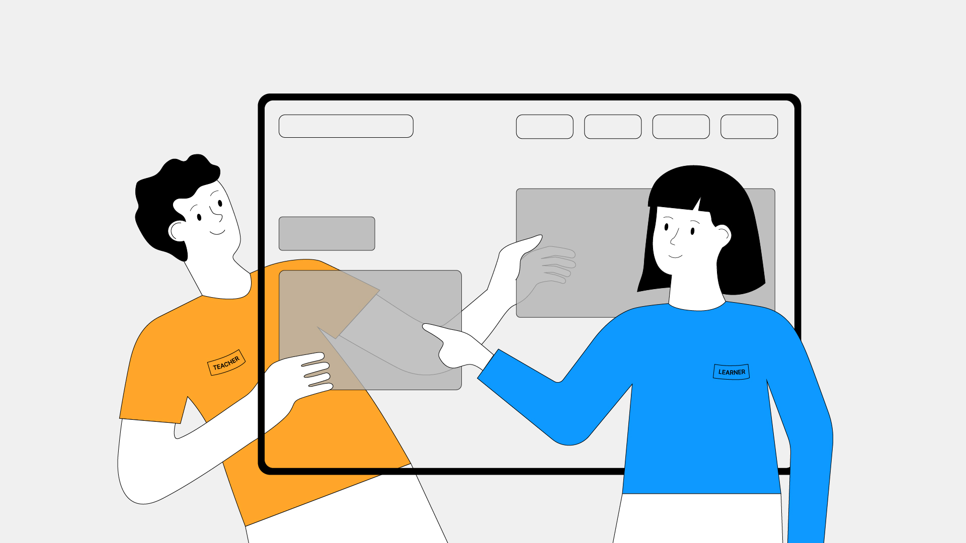 An illustration of an oversized digital interface, with a person standing behind it, holding some of the elements of the interface, and a person standing in fron of it, pointing at an element, indicating using it. The person behind it represents the creator of the content on the web-platform, in this case the teachers. The person in front represents the user, in this case, the students. The illustration shows, that it is important to consider all users of a platform, not only the end-users.