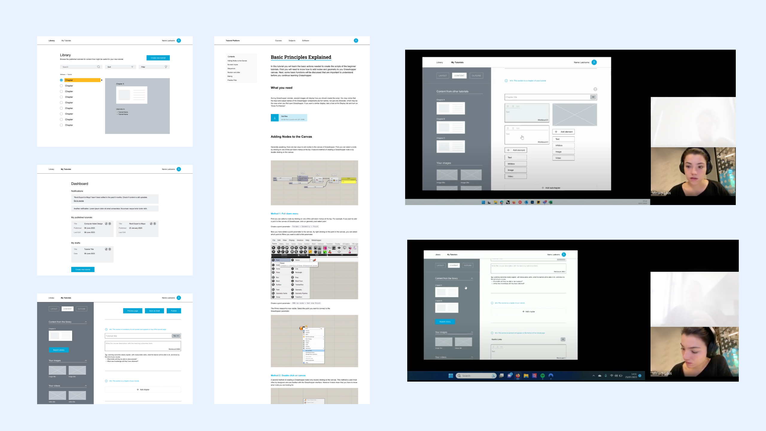 This image displays a few screenshots of the prototype on the left side and two screenshots of the user testing video call on the right side.