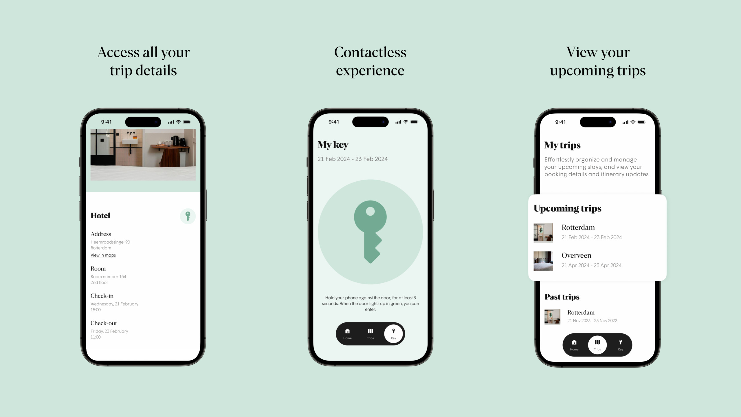 Three screenshots of the self-service hotel app: One displaying booking details, another showing the digital key, and a third presenting an overview of "My Trips" with highlighted upcoming trips.