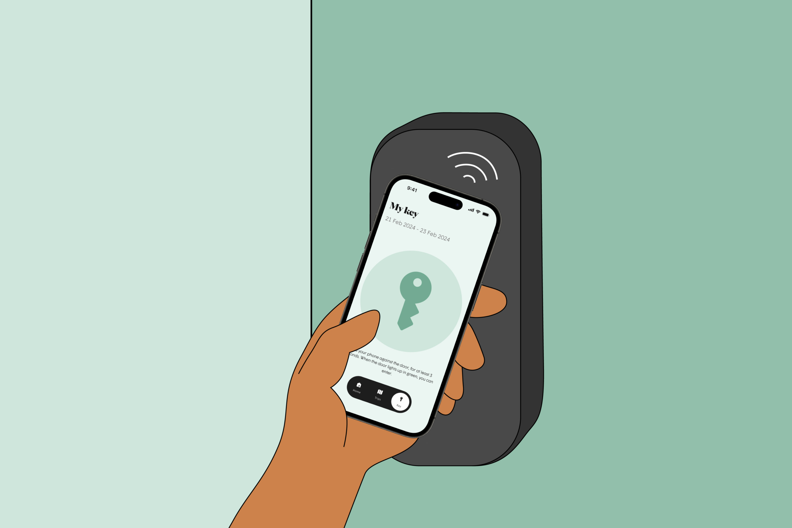 The illustration shows a hand holding a smartphone displaying a digital key on its screen, against a door lock. This image highlights the convenience of accessing a self-service hotel through a mobile app.