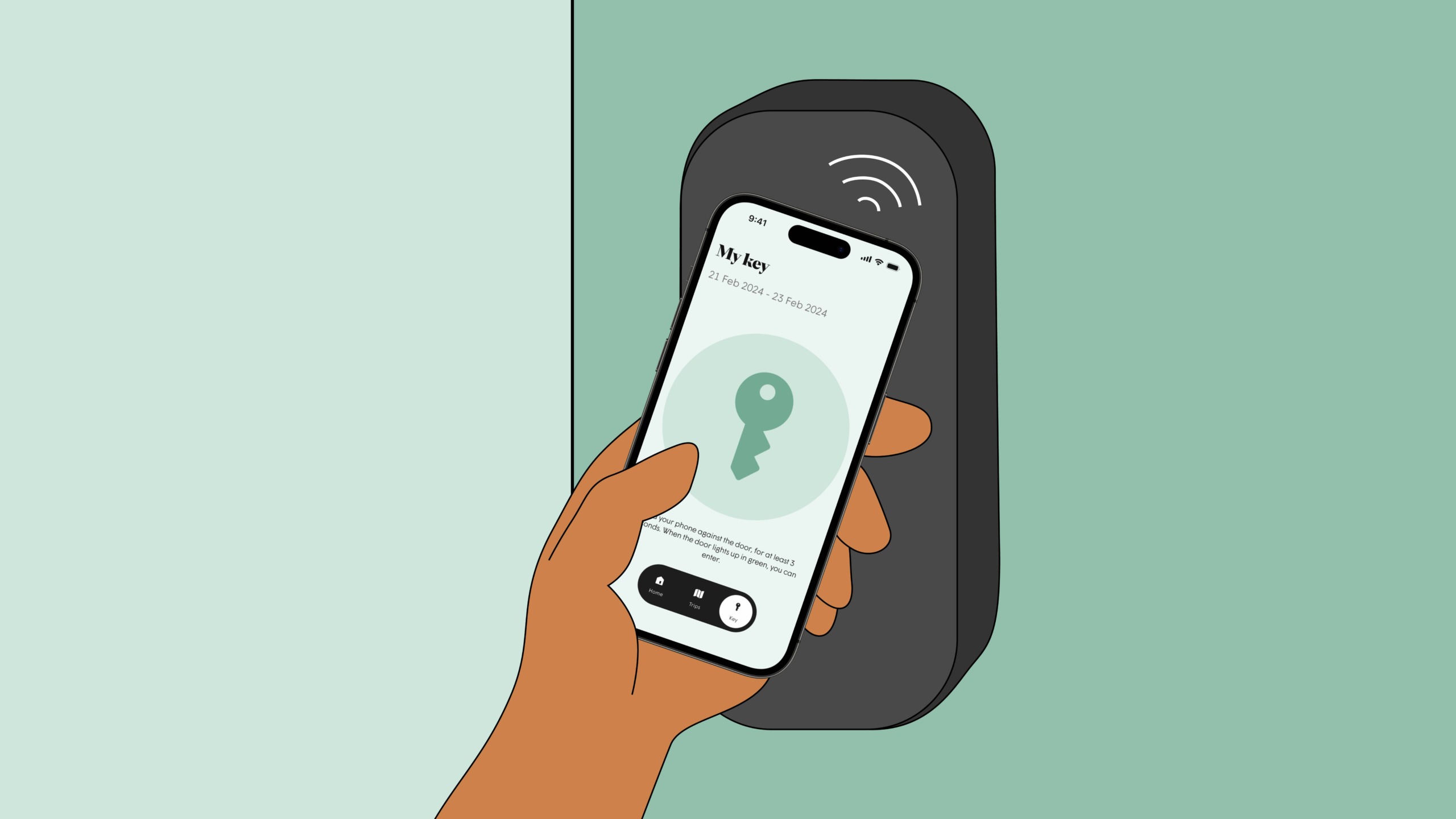 The illustration shows a hand holding a smartphone displaying a digital key on its screen, against a door lock. This image highlights the convenience of accessing a self-service hotel through a mobile app.