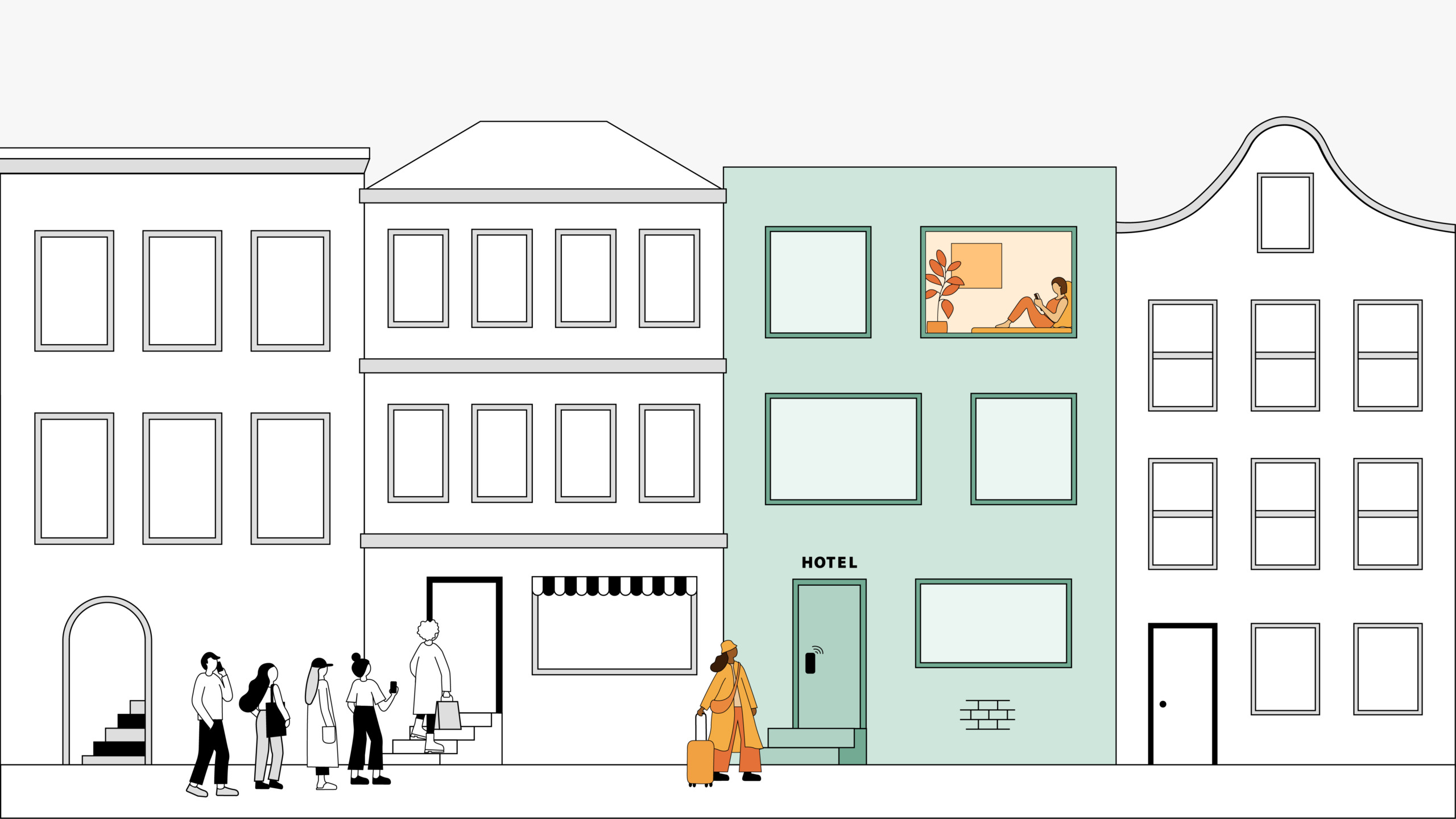 This image shows a minimalistic illustration of a street with four houses. Three are in black and white, while one is green to draw focus. The green house is labeled "hotel," with a window revealing someone relaxing on a bed. A traveler approaches the door with a suitcase. The window and traveler are colored in yellow and orange tones. The house to the left of the hotel has a long queue, highlighting the hotel's unique selling point: no waiting line and quick comfort.